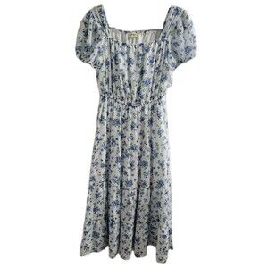 Indigo Rose M Blue Spring Floral Midi Dress Puff Sleeve Cottagecore Peasant